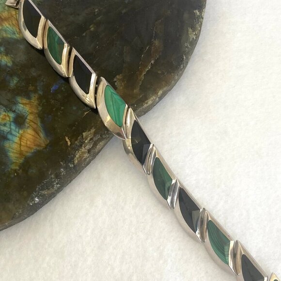 VTG 950 Silver Heavy Taxco Mexico Modernist Style Malachite Onyx Link Bracelet - Picture 4 of 16